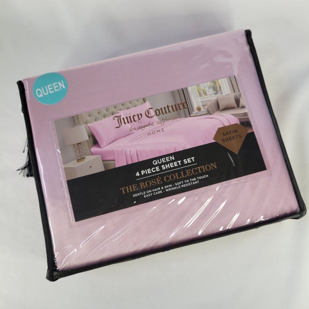 Juicy Couture Pastel Pink Satin 4pc QUEEN Sheets Set Easy Care Sleek Smooth Soft
